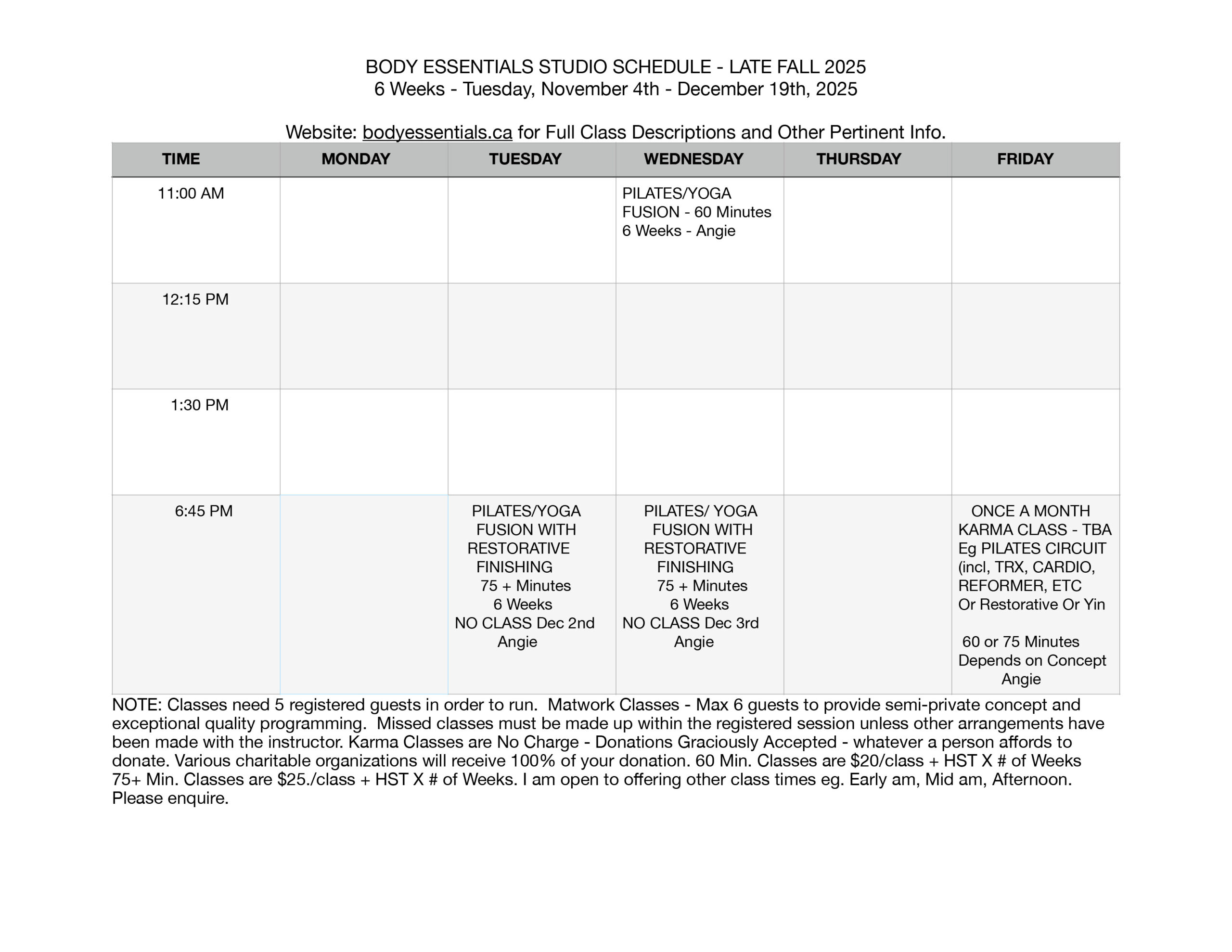 Late Fall 2025 Class Schedule